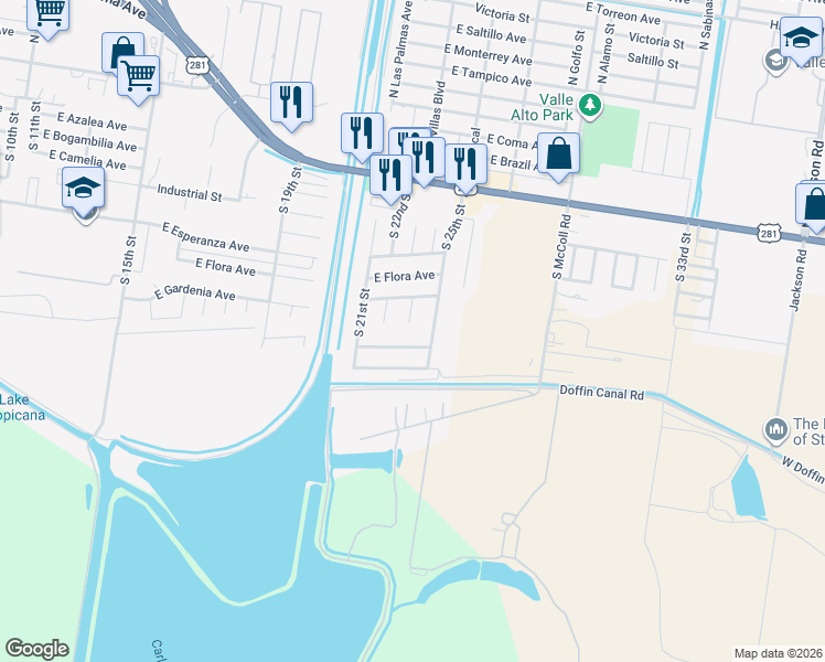map of restaurants, bars, coffee shops, grocery stores, and more near 811 South 23rd Street in Hidalgo