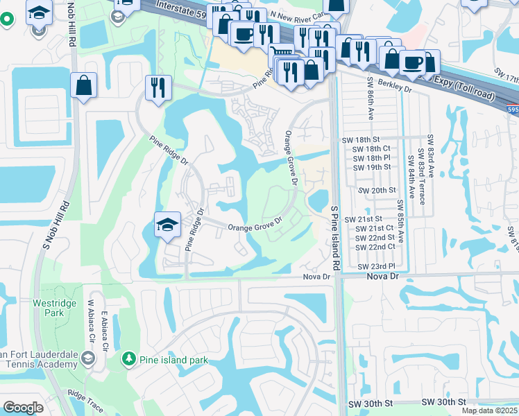 map of restaurants, bars, coffee shops, grocery stores, and more near 1713 Whitehall Drive in Davie