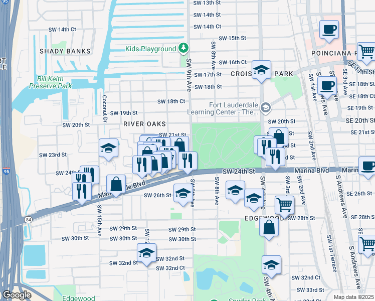 map of restaurants, bars, coffee shops, grocery stores, and more near 921 Southwest 22nd Street in Fort Lauderdale