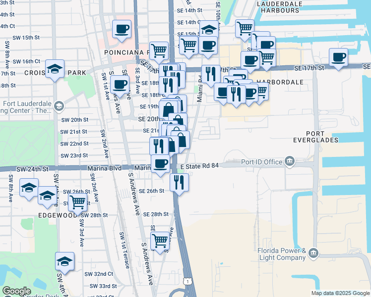 map of restaurants, bars, coffee shops, grocery stores, and more near 725 Southeast 23rd Street in Fort Lauderdale