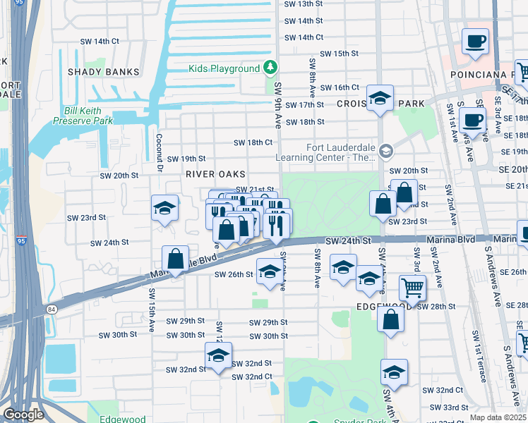 map of restaurants, bars, coffee shops, grocery stores, and more near 921 Southwest 22nd Street in Fort Lauderdale