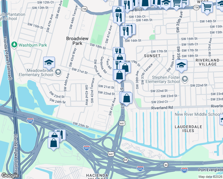 map of restaurants, bars, coffee shops, grocery stores, and more near 2050 Southwest 21st Street in Fort Lauderdale