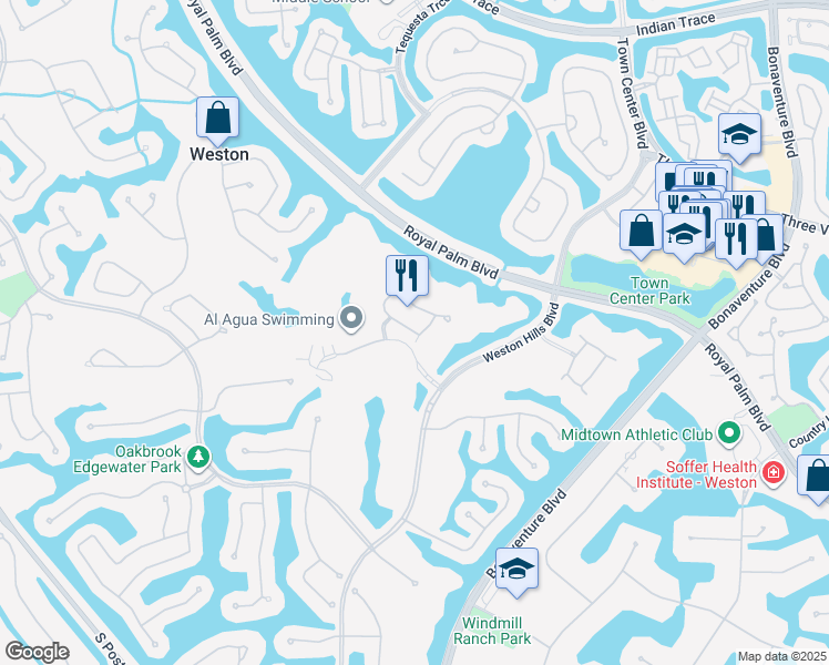 map of restaurants, bars, coffee shops, grocery stores, and more near 2809 Center Court Drive in Weston