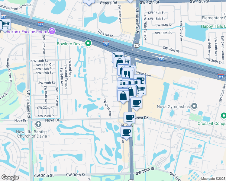 map of restaurants, bars, coffee shops, grocery stores, and more near 6 Matador Lane in Davie
