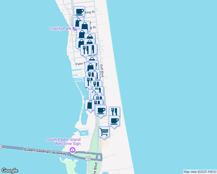 map of restaurants, bars, coffee shops, grocery stores, and more near 1300 Gulf Boulevard in South Padre Island