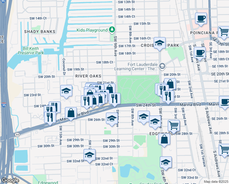 map of restaurants, bars, coffee shops, grocery stores, and more near 921 Southwest 22nd Street in Fort Lauderdale