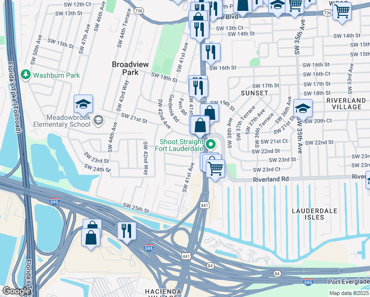 map of restaurants, bars, coffee shops, grocery stores, and more near 4141 Southwest 22nd Street in Fort Lauderdale