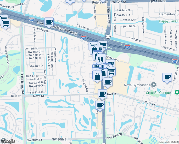 map of restaurants, bars, coffee shops, grocery stores, and more near 6 Matador Lane in Davie