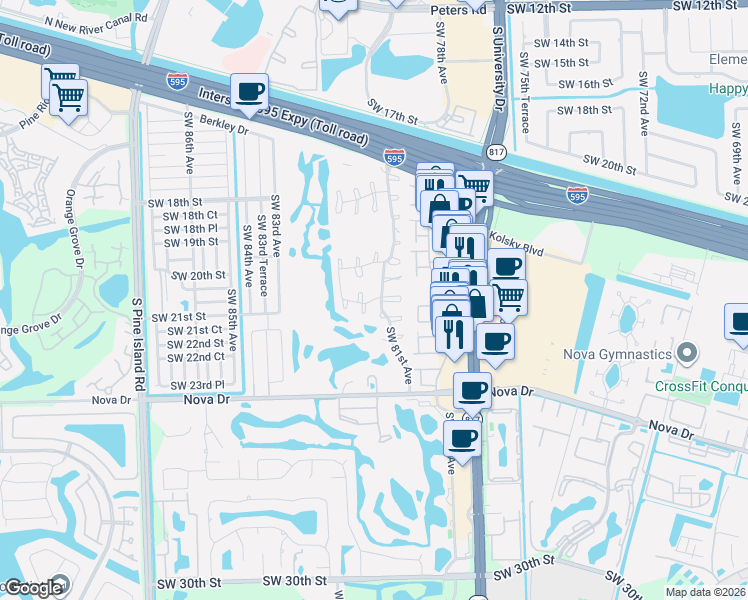 map of restaurants, bars, coffee shops, grocery stores, and more near 322 Southwest 81st Way in Davie