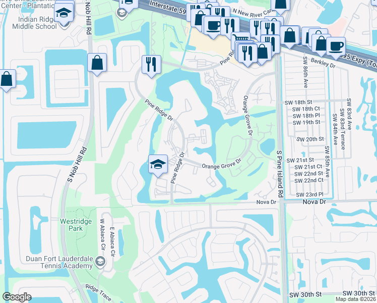 map of restaurants, bars, coffee shops, grocery stores, and more near in Pine Island Ridge