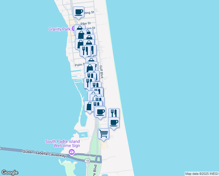 map of restaurants, bars, coffee shops, grocery stores, and more near 1300 Gulf Boulevard in South Padre Island