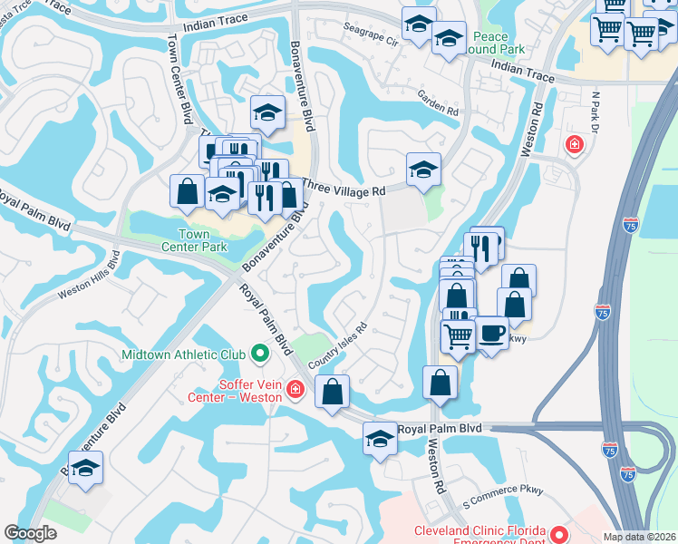 map of restaurants, bars, coffee shops, grocery stores, and more near 1944 Water Ridge Drive in Weston