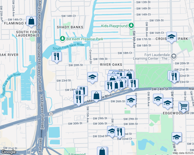 map of restaurants, bars, coffee shops, grocery stores, and more near 1440 Southwest 22nd Street in Fort Lauderdale