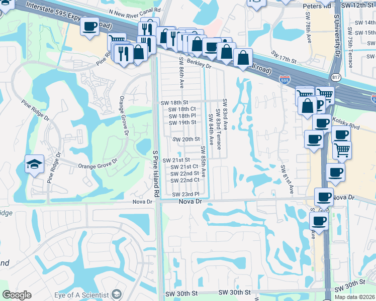 map of restaurants, bars, coffee shops, grocery stores, and more near 8581 Southwest 20th Place in Davie