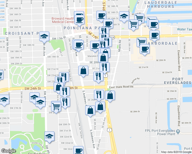 map of restaurants, bars, coffee shops, grocery stores, and more near 2221 Southeast 4th Avenue in Fort Lauderdale