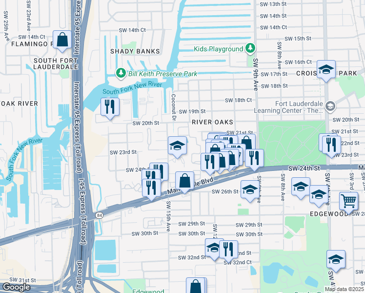 map of restaurants, bars, coffee shops, grocery stores, and more near 1440 Southwest 22nd Street in Fort Lauderdale