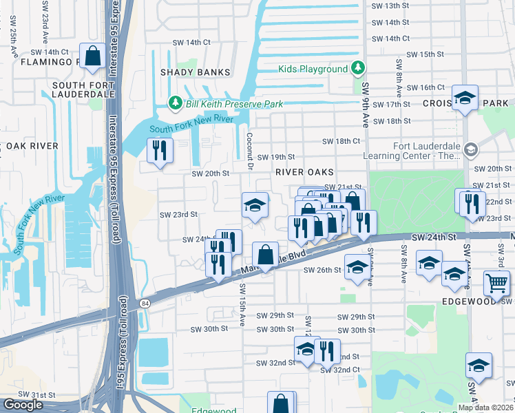 map of restaurants, bars, coffee shops, grocery stores, and more near 1440 Southwest 22nd Street in Fort Lauderdale