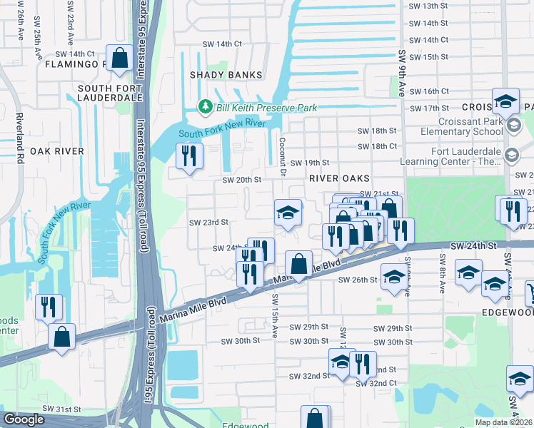 map of restaurants, bars, coffee shops, grocery stores, and more near 1530 Southwest 23rd Street in Fort Lauderdale