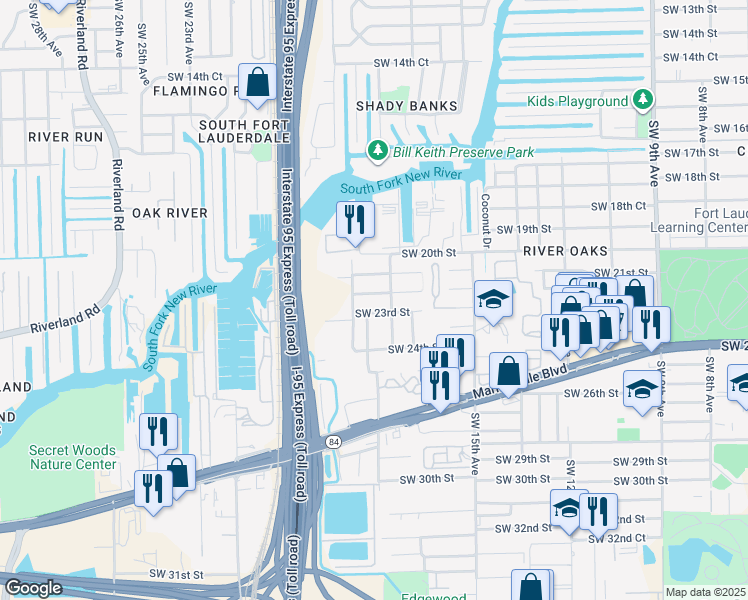 map of restaurants, bars, coffee shops, grocery stores, and more near 1801 Southwest 23rd Street in Fort Lauderdale