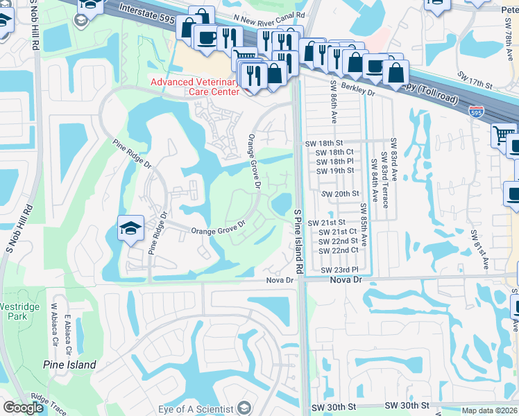 map of restaurants, bars, coffee shops, grocery stores, and more near 8900 Southwest 20th Place in Davie