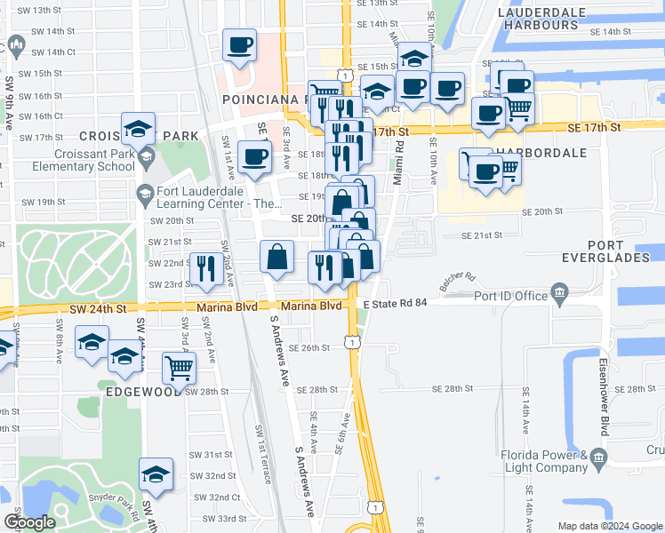 map of restaurants, bars, coffee shops, grocery stores, and more near 505 Southeast 23rd Street in Fort Lauderdale