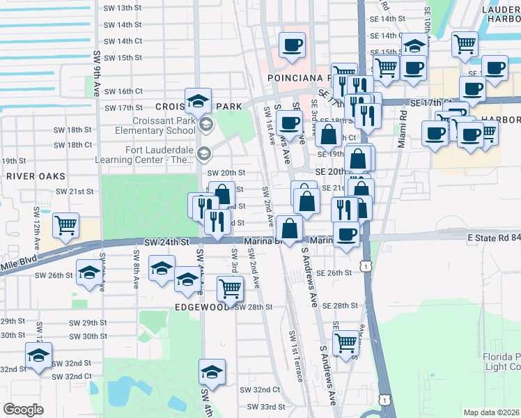 map of restaurants, bars, coffee shops, grocery stores, and more near 231 Southwest 23rd Street in Fort Lauderdale