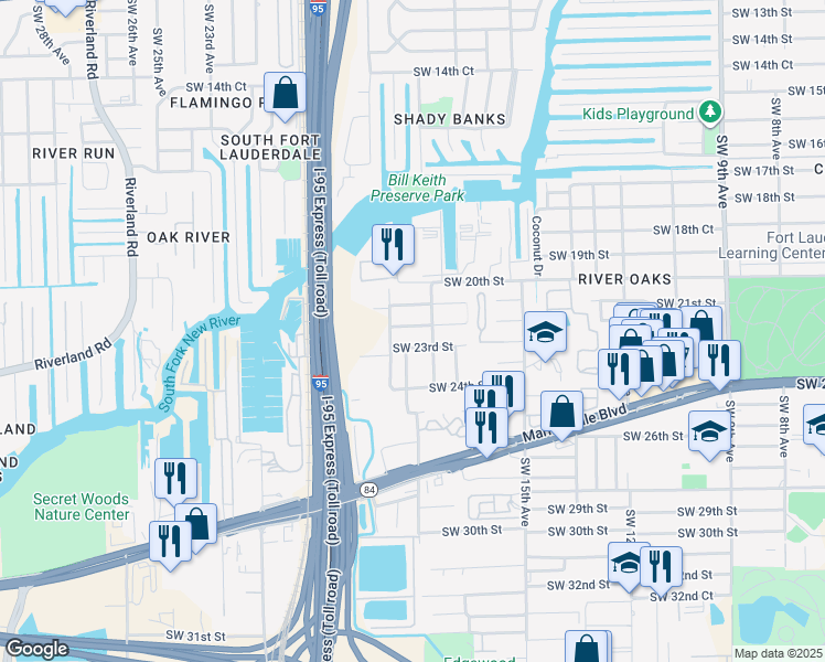 map of restaurants, bars, coffee shops, grocery stores, and more near 1801 Southwest 23rd Street in Fort Lauderdale