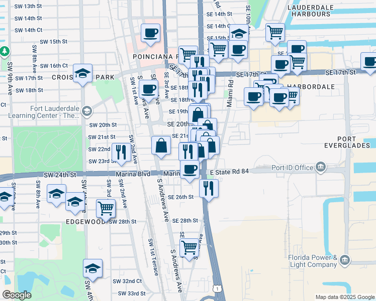 map of restaurants, bars, coffee shops, grocery stores, and more near 505 Southeast 23rd Street in Fort Lauderdale