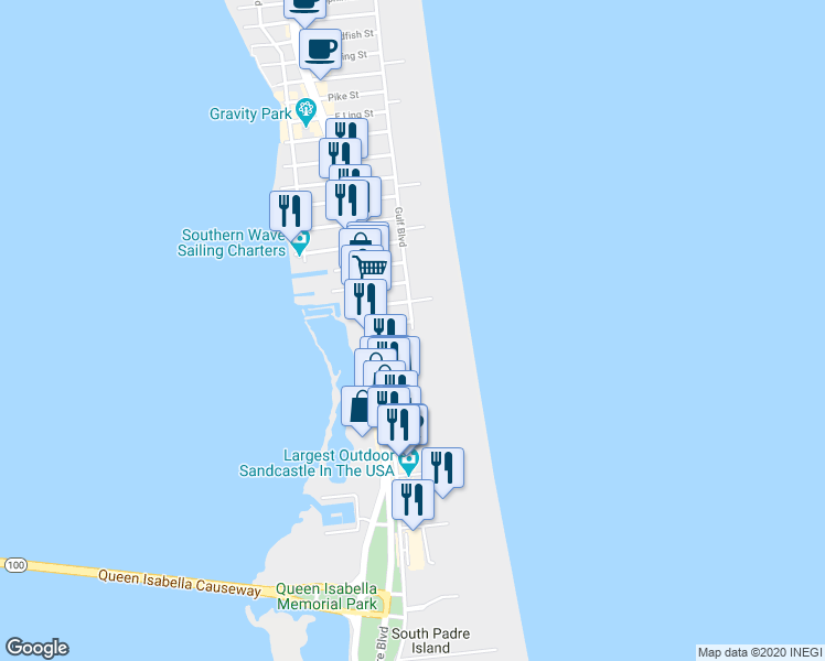 map of restaurants, bars, coffee shops, grocery stores, and more near 1001 Gulf Boulevard in South Padre Island