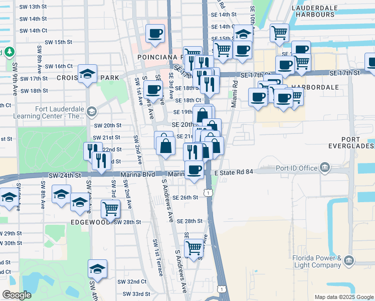map of restaurants, bars, coffee shops, grocery stores, and more near 2221 Southeast 4th Avenue in Fort Lauderdale