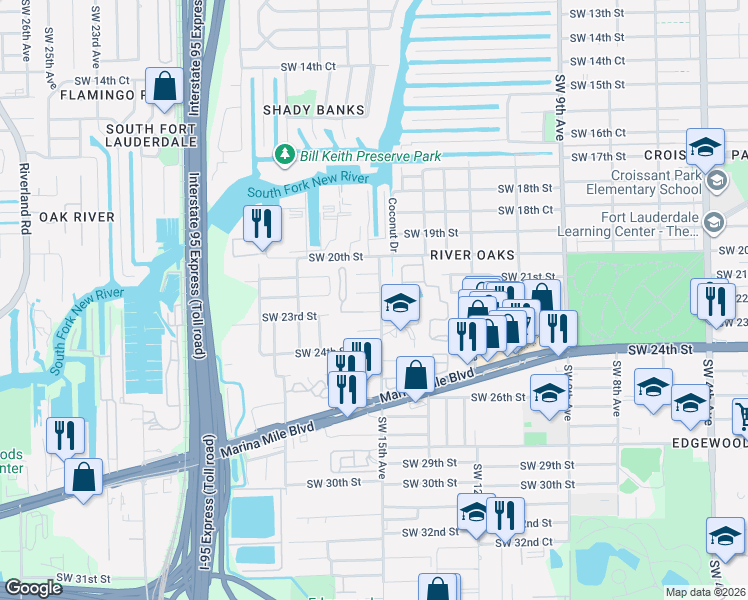 map of restaurants, bars, coffee shops, grocery stores, and more near 1530 Southwest 23rd Street in Fort Lauderdale