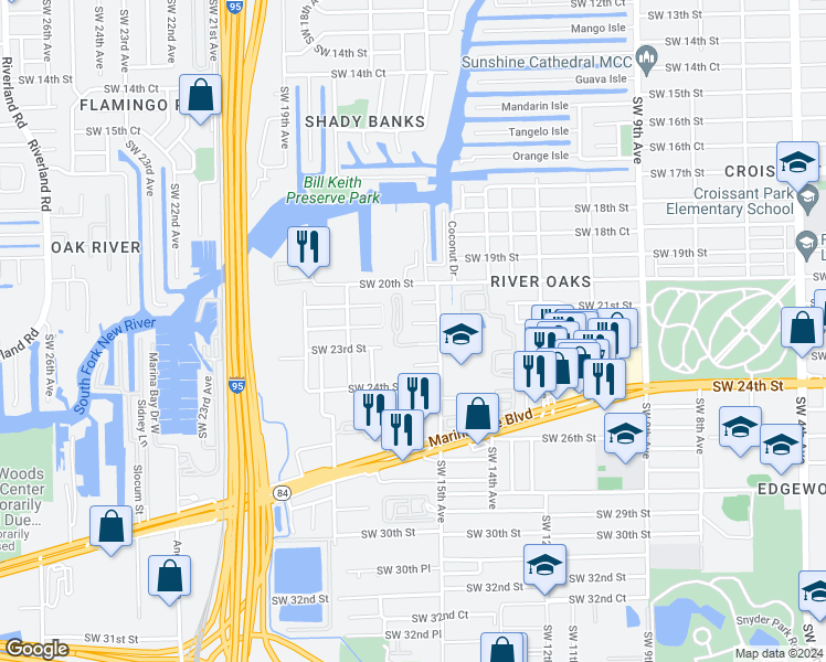 map of restaurants, bars, coffee shops, grocery stores, and more near 1530 Southwest 23rd Street in Fort Lauderdale