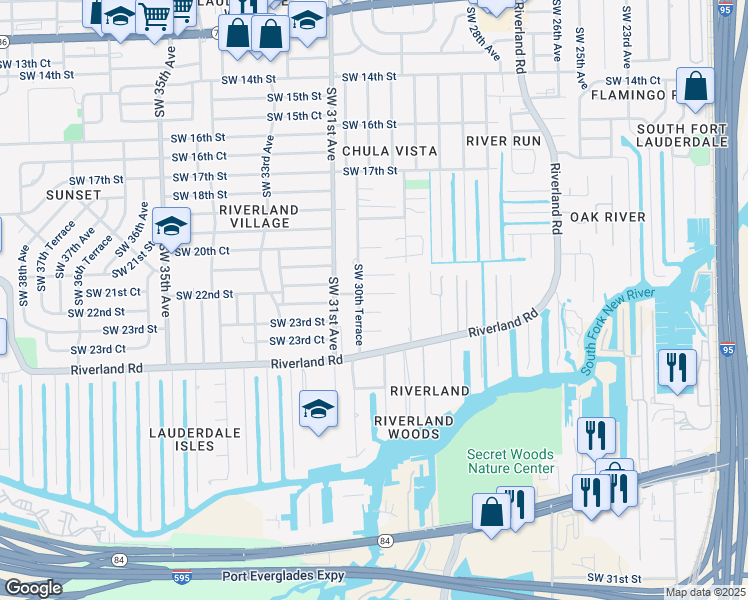 map of restaurants, bars, coffee shops, grocery stores, and more near 3030 Southwest 22nd Court in Fort Lauderdale