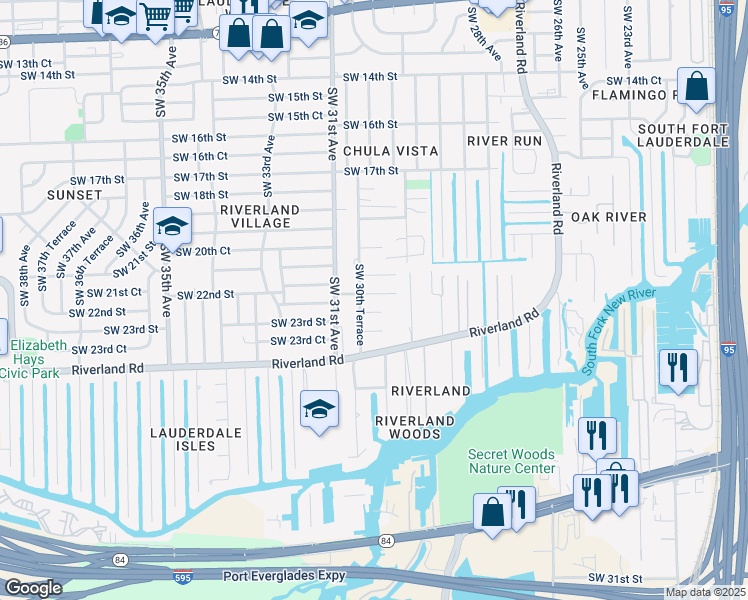 map of restaurants, bars, coffee shops, grocery stores, and more near 3030 Southwest 22nd Court in Fort Lauderdale