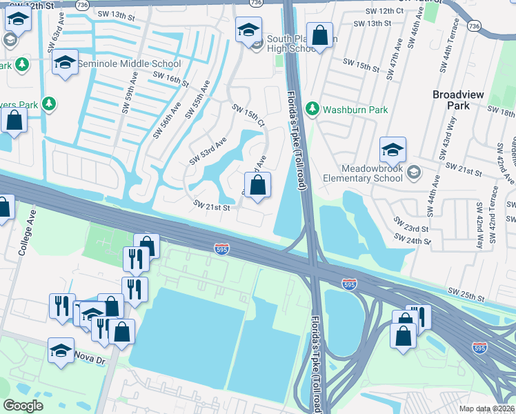 map of restaurants, bars, coffee shops, grocery stores, and more near 5150 Southwest 21st Street in Plantation