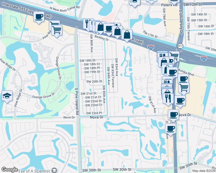 map of restaurants, bars, coffee shops, grocery stores, and more near 2070 Southwest 84th Avenue in Davie