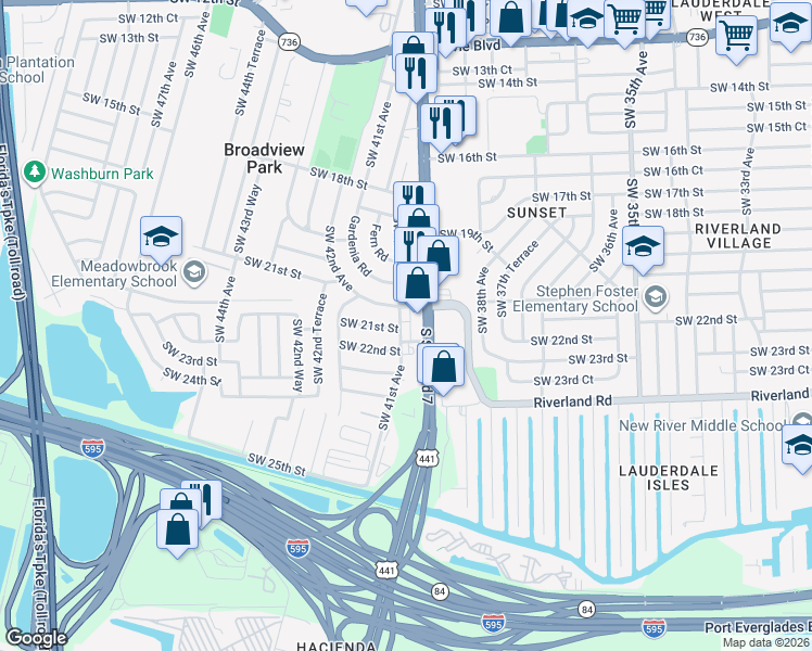 map of restaurants, bars, coffee shops, grocery stores, and more near 2050 Southwest 21st Street in Fort Lauderdale