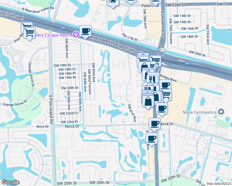 map of restaurants, bars, coffee shops, grocery stores, and more near 322 Southwest 81st Way in Davie