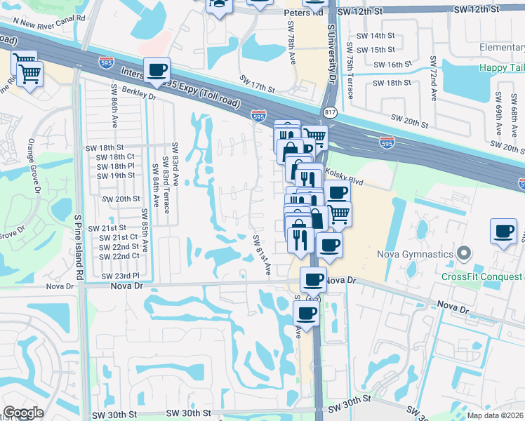 map of restaurants, bars, coffee shops, grocery stores, and more near 8046 Southwest 21st Court in Davie