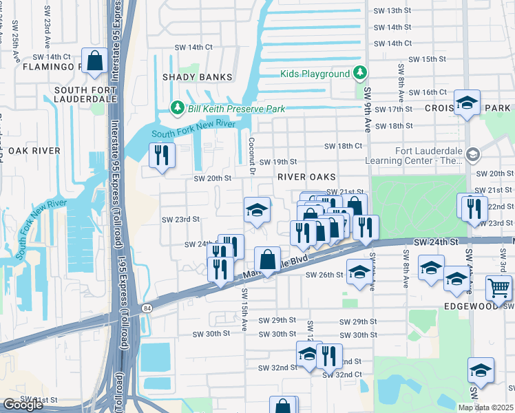 map of restaurants, bars, coffee shops, grocery stores, and more near 1440 Southwest 22nd Street in Fort Lauderdale