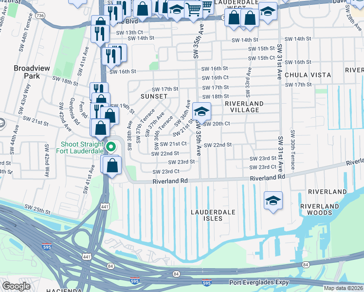 map of restaurants, bars, coffee shops, grocery stores, and more near 3612 Southwest 22nd Street in Fort Lauderdale