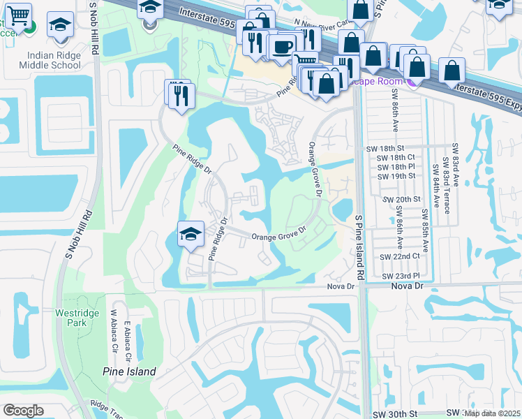 map of restaurants, bars, coffee shops, grocery stores, and more near 1713 Whitehall Drive in Davie