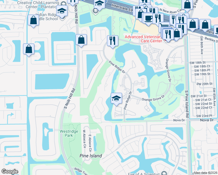 map of restaurants, bars, coffee shops, grocery stores, and more near 9451 Live Oak Place in Davie