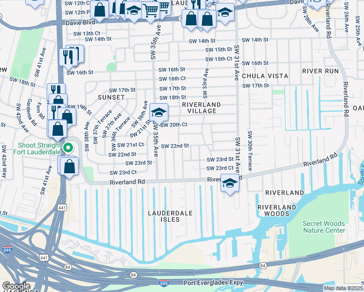 map of restaurants, bars, coffee shops, grocery stores, and more near 3379 Southwest 22nd Street in Fort Lauderdale