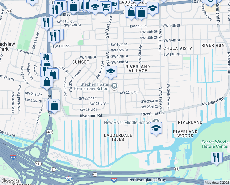 map of restaurants, bars, coffee shops, grocery stores, and more near 2249 Southwest 34th Terrace in Fort Lauderdale