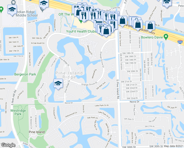 map of restaurants, bars, coffee shops, grocery stores, and more near 1717 Whitehall Drive in Davie