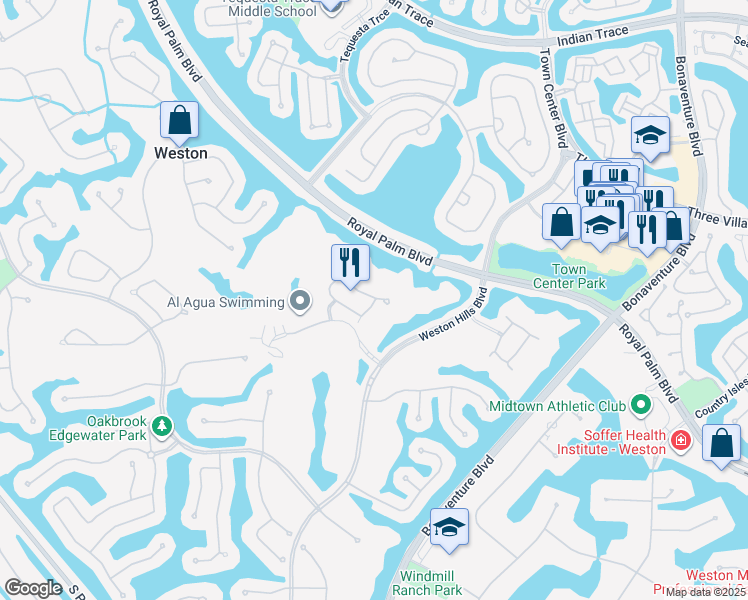 map of restaurants, bars, coffee shops, grocery stores, and more near 2729 Center Court Drive in Weston