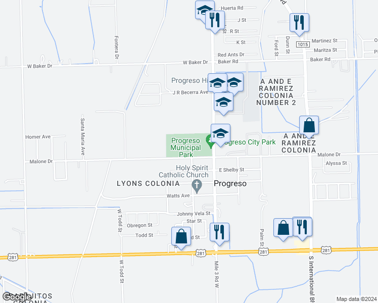 map of restaurants, bars, coffee shops, grocery stores, and more near Hidalgo Street in Weslaco