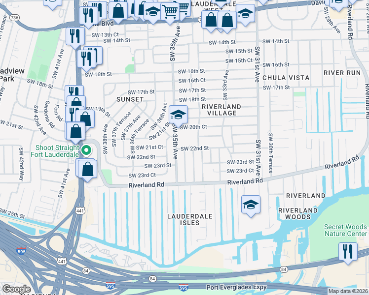 map of restaurants, bars, coffee shops, grocery stores, and more near 3471 Southwest 22nd Street in Fort Lauderdale