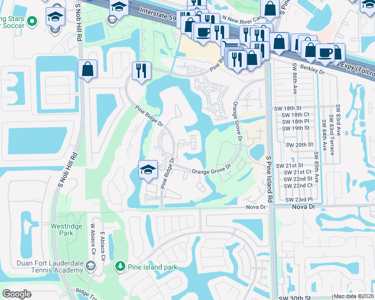 map of restaurants, bars, coffee shops, grocery stores, and more near 9311 Orange Grove Drive in Davie